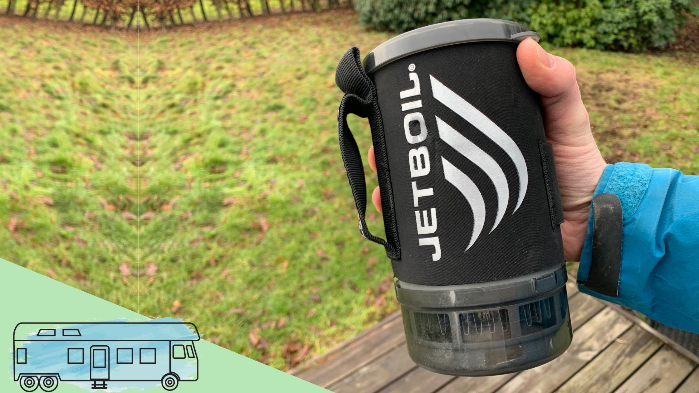 A Jetboil camping stove in my hand